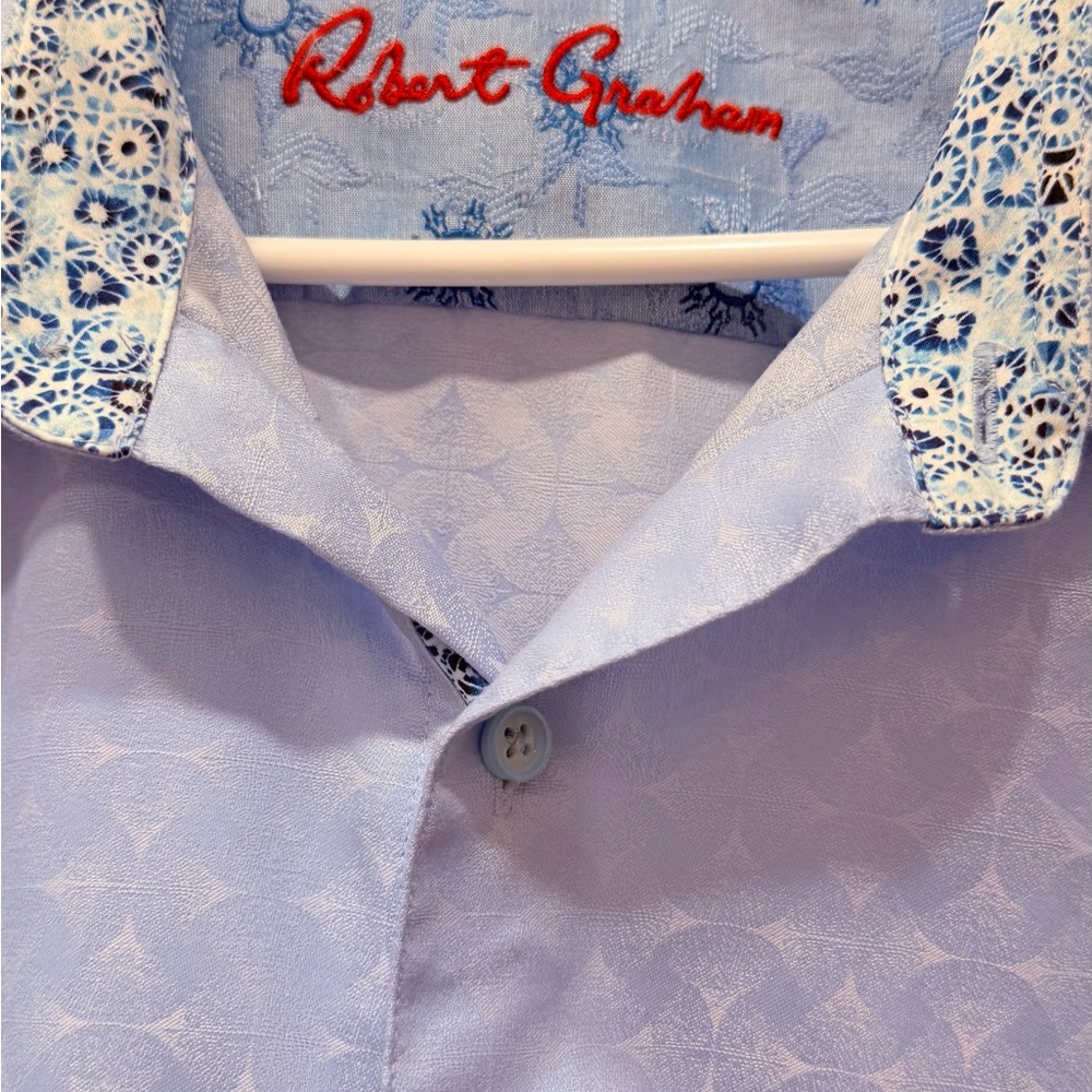 Robert Graham Light Blue Casual Button-Down Shirt with Printed Collar Accents